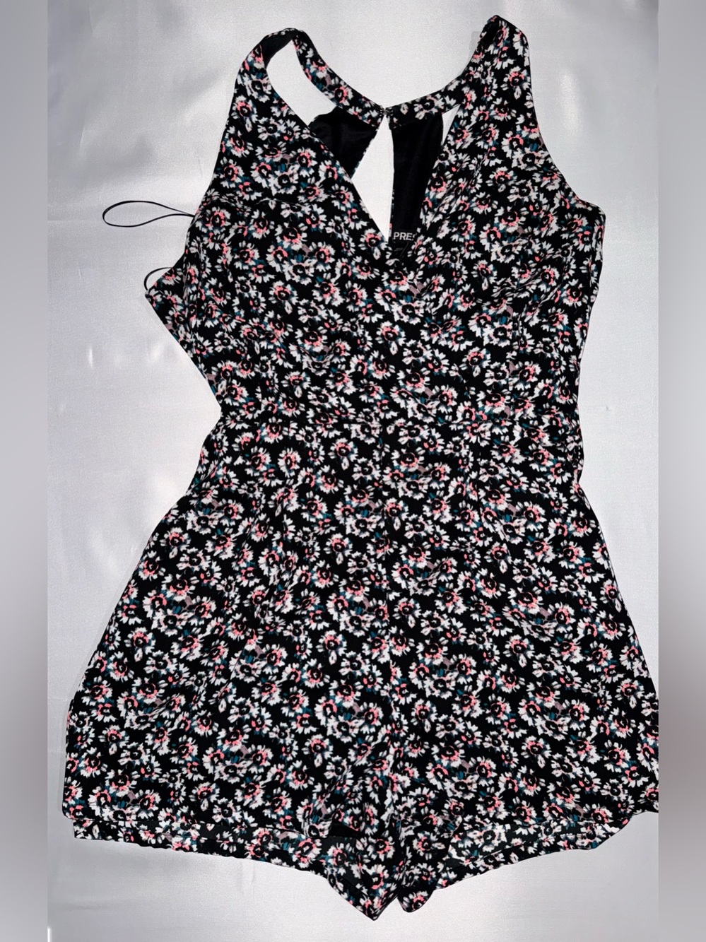 Express Black Floral Halter Romper with Pink & White Accents
